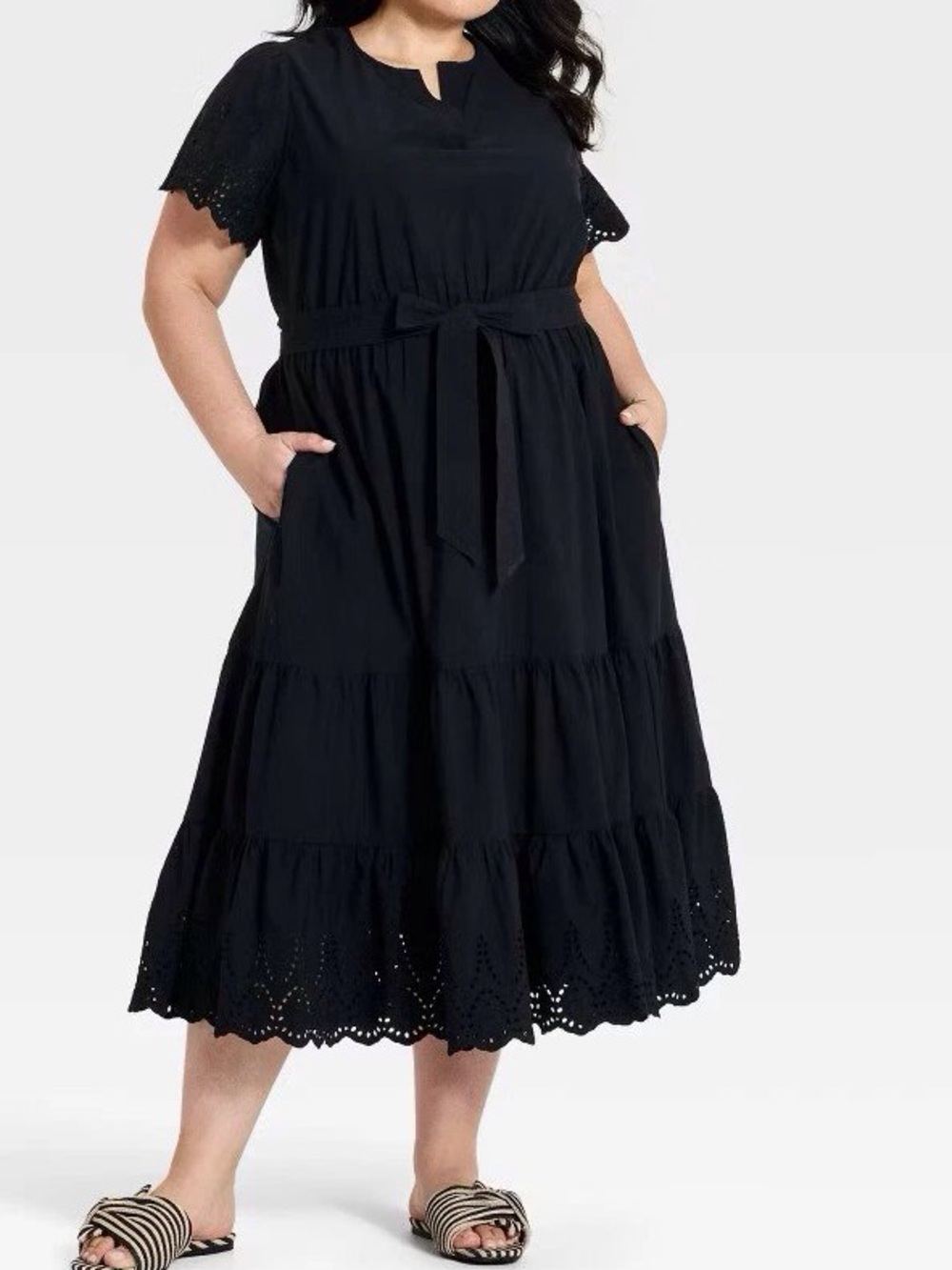 Black Eyelet Tiered Midi Dress with Self Tie Waist